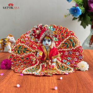 Royal Red Multicolor Leaf Embroidered Poshak & Mukut Set for Laddu Gopal