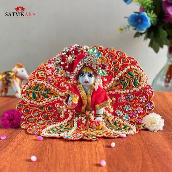 Royal Red Multicolor Leaf Embroidered Poshak & Mukut Set for Laddu Gopal