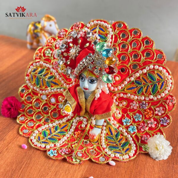 Royal Red Multicolor Leaf Embroidered Poshak & Mukut Set for Laddu Gopal
