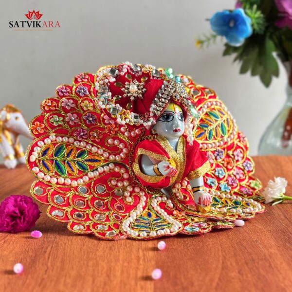 Royal Red Multicolor Leaf Embroidered Poshak & Mukut Set for Laddu Gopal