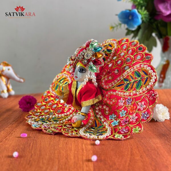 Royal Red Multicolor Leaf Embroidered Poshak & Mukut Set for Laddu Gopal