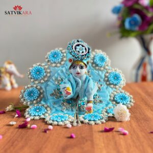 Blue Laddu Gopal Dress with Mukut and Floral Embroidery