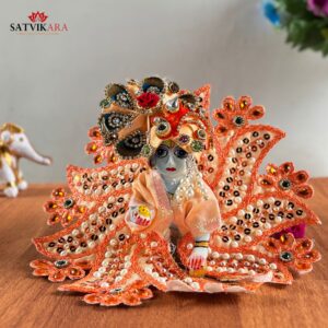 Bright Orange Laddu Gopal Poshak & Mukut Set with Stone Embroidery
