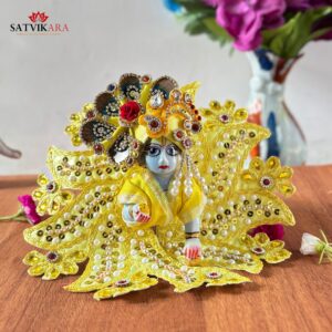 Pearl Embroidery Bright Yellow Poshak & Mukut Set for Laddu Gopal